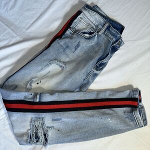 FBRK Light Blue jeans with Red/Black Stripes Distressed With Paint SZ 32